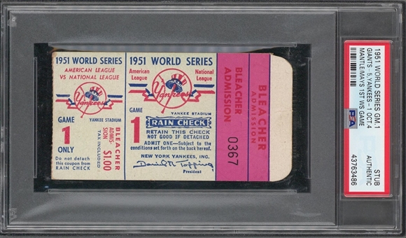 1951 World Series Game 1 Ticket Stub - Mickey Mantle and Willie Mays First World Series Game - PSA Authentic